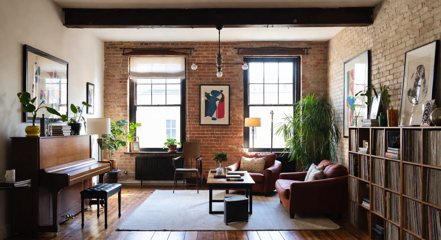 Soft Industrial music room interior design - featuring soft industrial style furniture, decor, colors, and layout ideas for your music room