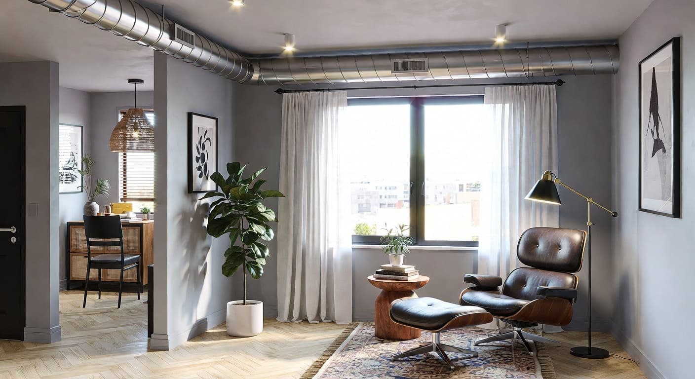 Soft Industrial reading nook interior design - featuring soft industrial style furniture, decor, colors, and layout ideas for your reading nook