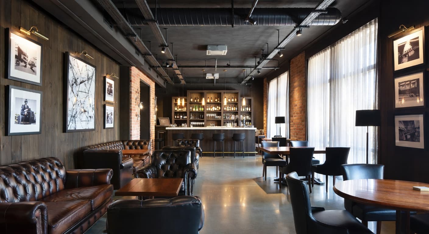 Soft Industrial smoking room / cigar lounge interior design - featuring soft industrial style furniture, decor, colors, and layout ideas for your smoking room / cigar lounge