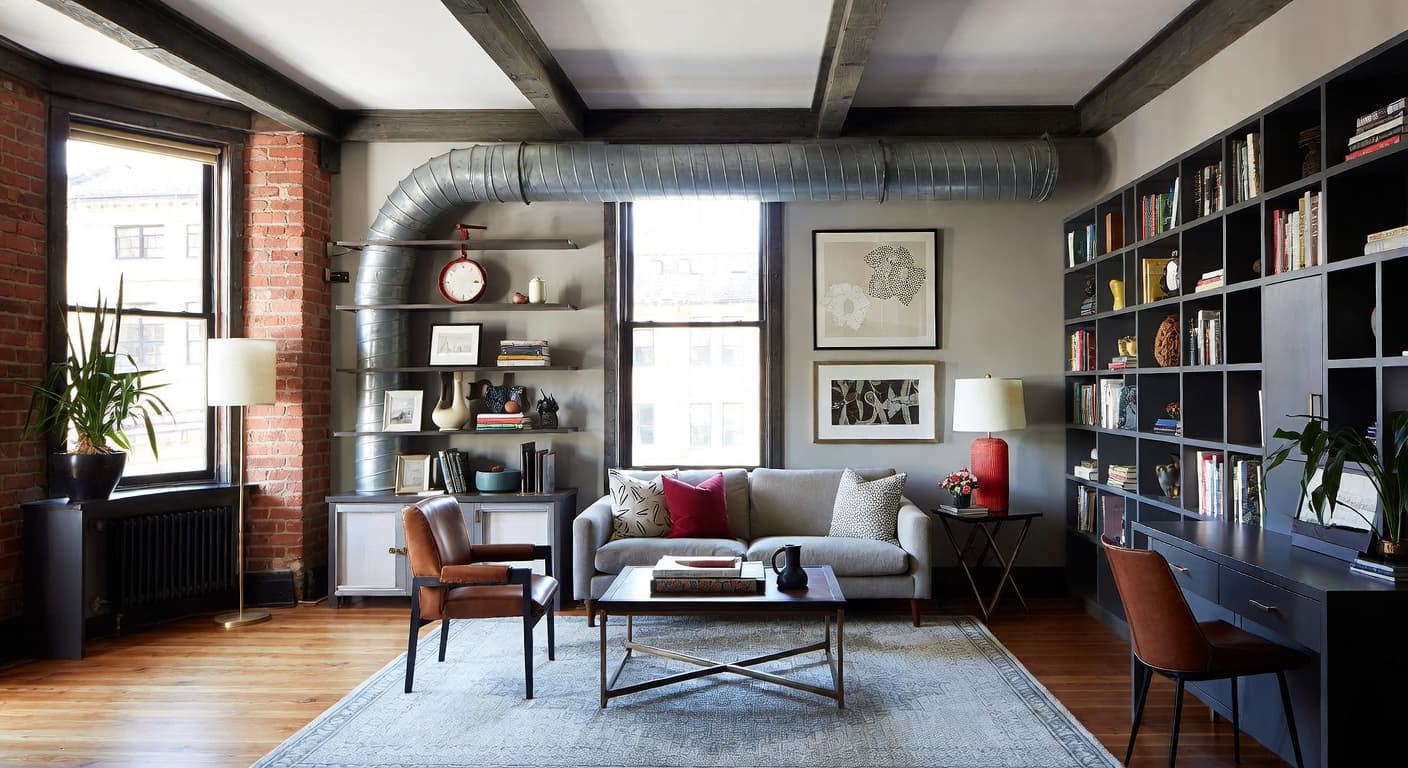 Soft Industrial teen room / den interior design - featuring soft industrial style furniture, decor, colors, and layout ideas for your teen room / den