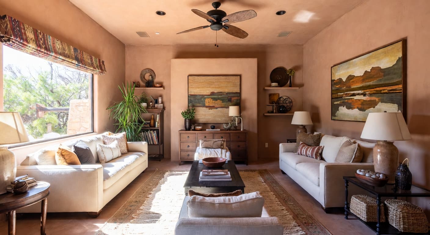 Southwestern meditation space interior design - featuring southwestern style furniture, decor, colors, and layout ideas for your meditation space