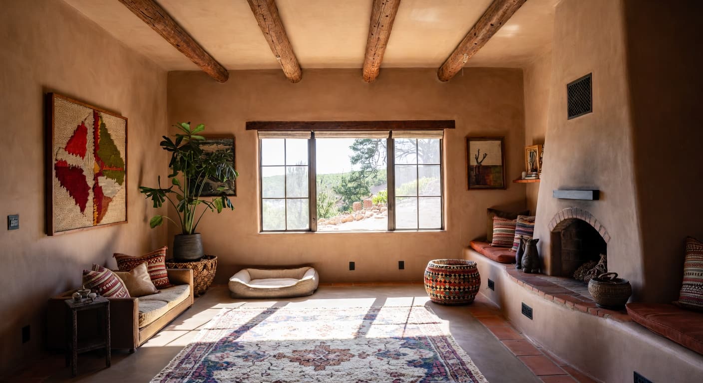 Southwestern pet room interior design - featuring southwestern style furniture, decor, colors, and layout ideas for your pet room