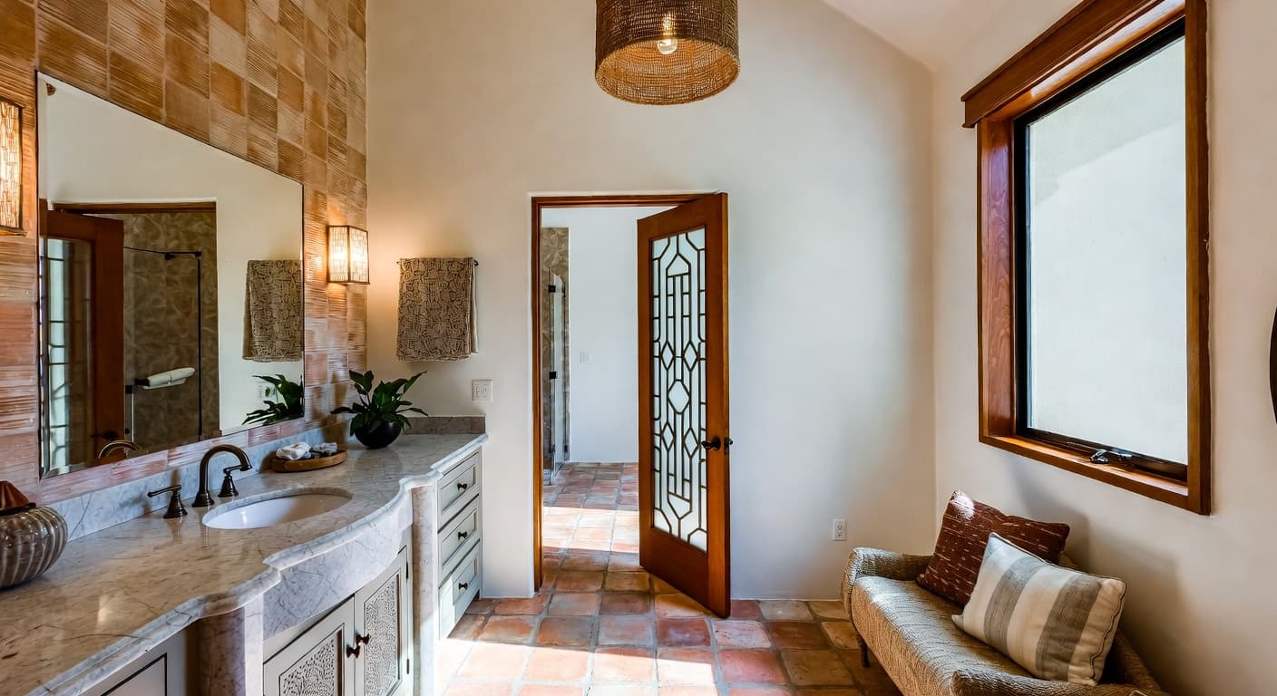 Southwestern powder room interior design - featuring southwestern style furniture, decor, colors, and layout ideas for your powder room