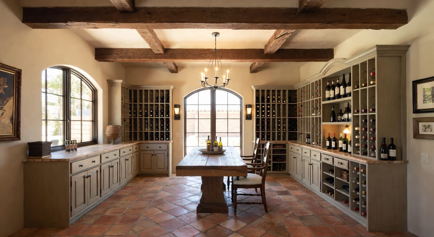 Southwestern wine cellar interior design - featuring southwestern style furniture, decor, colors, and layout ideas for your wine cellar
