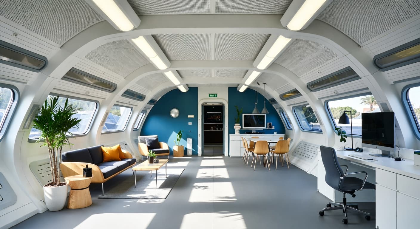 Space Age multi-purpose room interior design - featuring space age style furniture, decor, colors, and layout ideas for your multi-purpose room