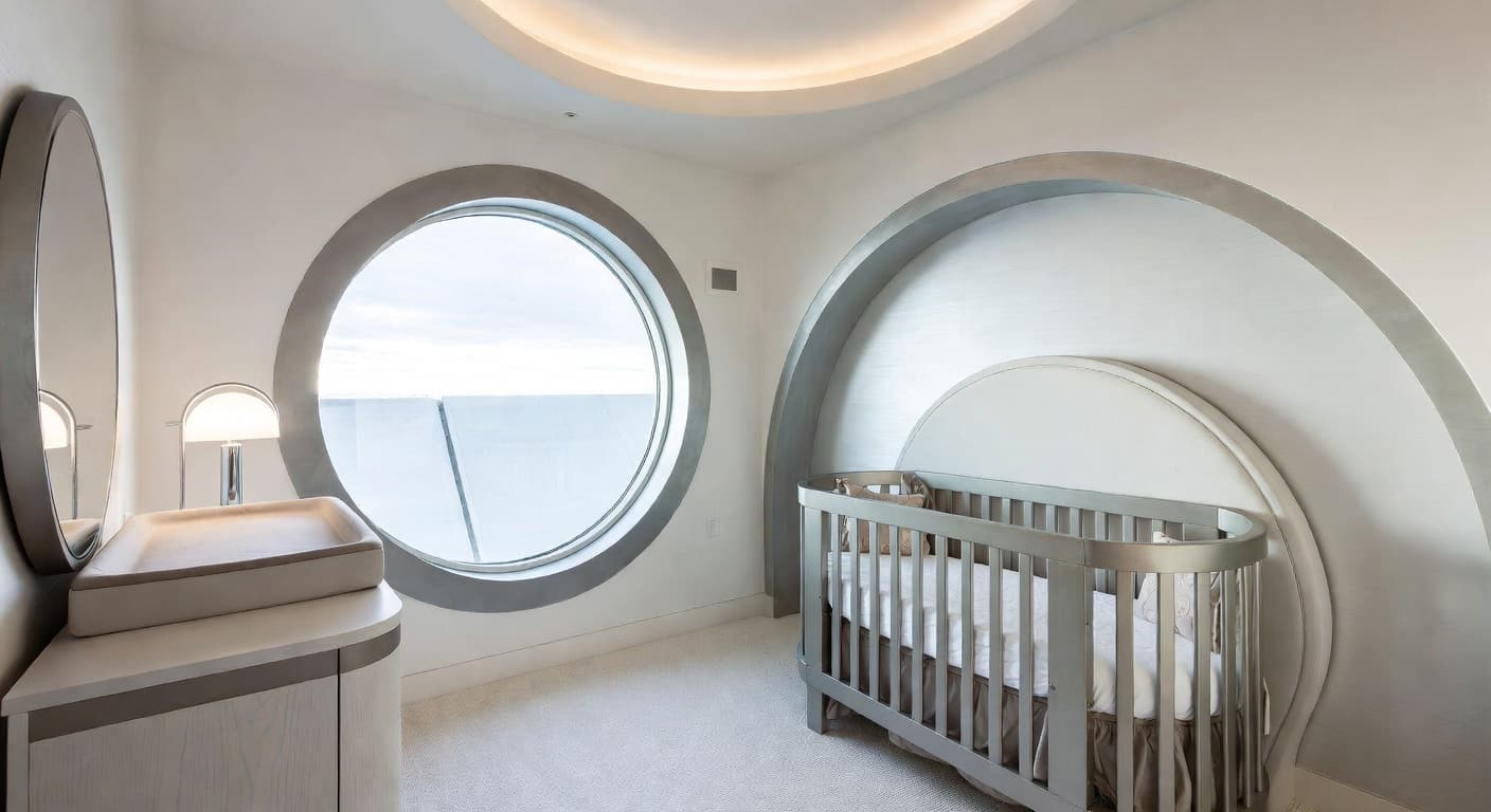 Space Age nursery interior design - featuring space age style furniture, decor, colors, and layout ideas for your nursery