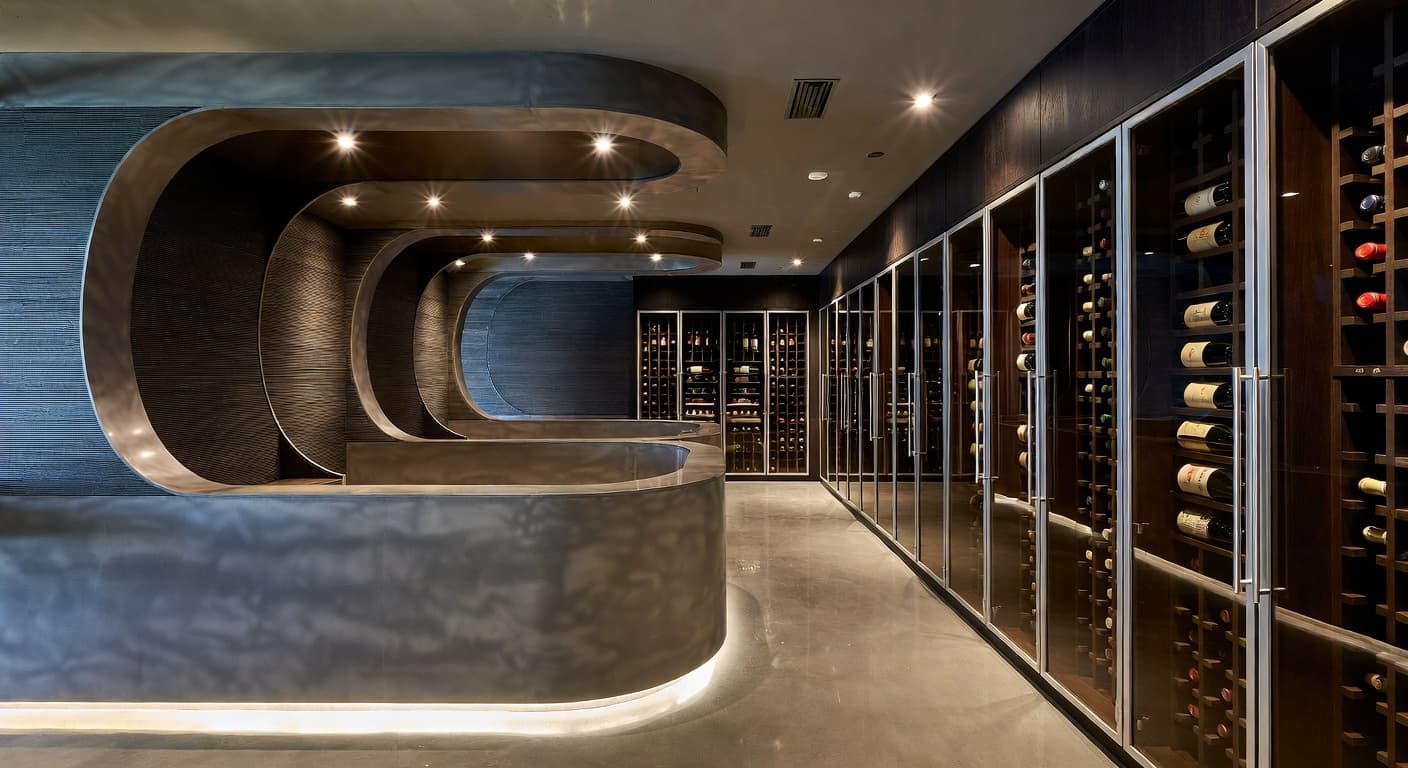 Space Age wine cellar interior design - featuring space age style furniture, decor, colors, and layout ideas for your wine cellar