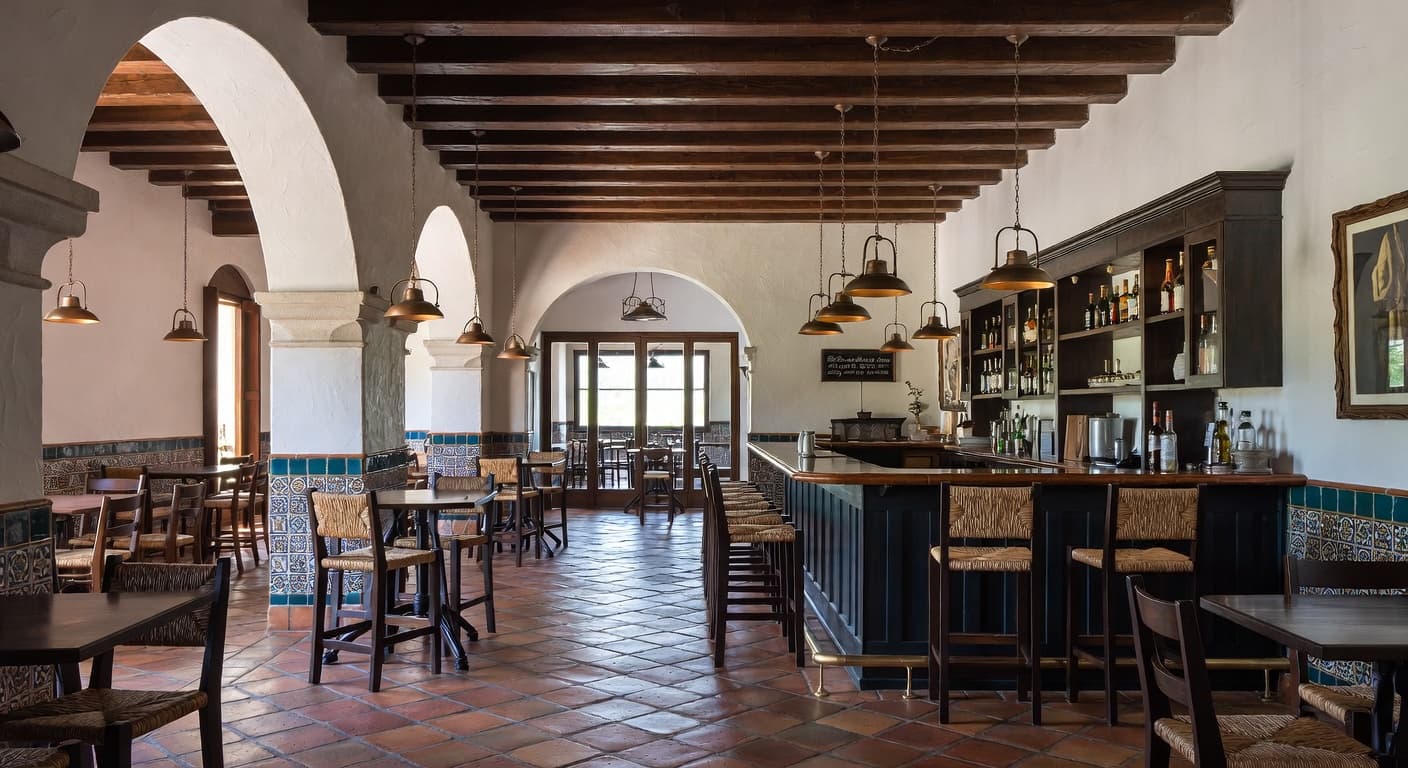 Spanish Colonial bar room interior design - featuring spanish colonial style furniture, decor, colors, and layout ideas for your bar room