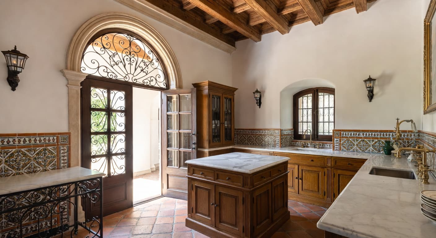 Spanish Colonial butler's pantry interior design - featuring spanish colonial style furniture, decor, colors, and layout ideas for your butler's pantry