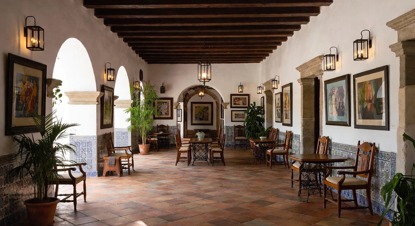 Spanish Colonial gallery / art display interior design - featuring spanish colonial style furniture, decor, colors, and layout ideas for your gallery / art display