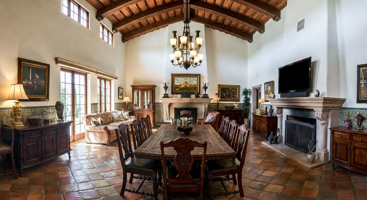 Spanish Colonial game room interior design - featuring spanish colonial style furniture, decor, colors, and layout ideas for your game room
