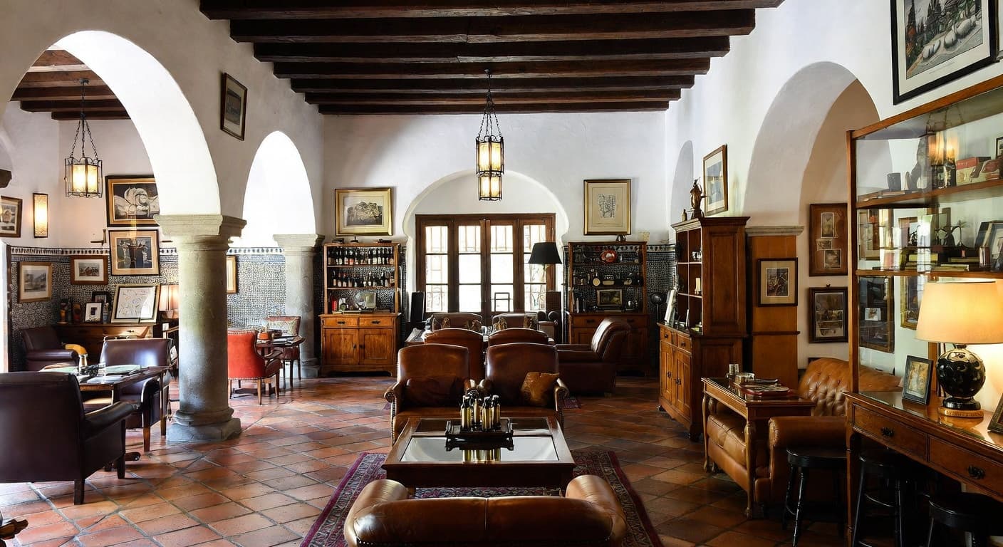 Spanish Colonial smoking room / cigar lounge interior design - featuring spanish colonial style furniture, decor, colors, and layout ideas for your smoking room / cigar lounge