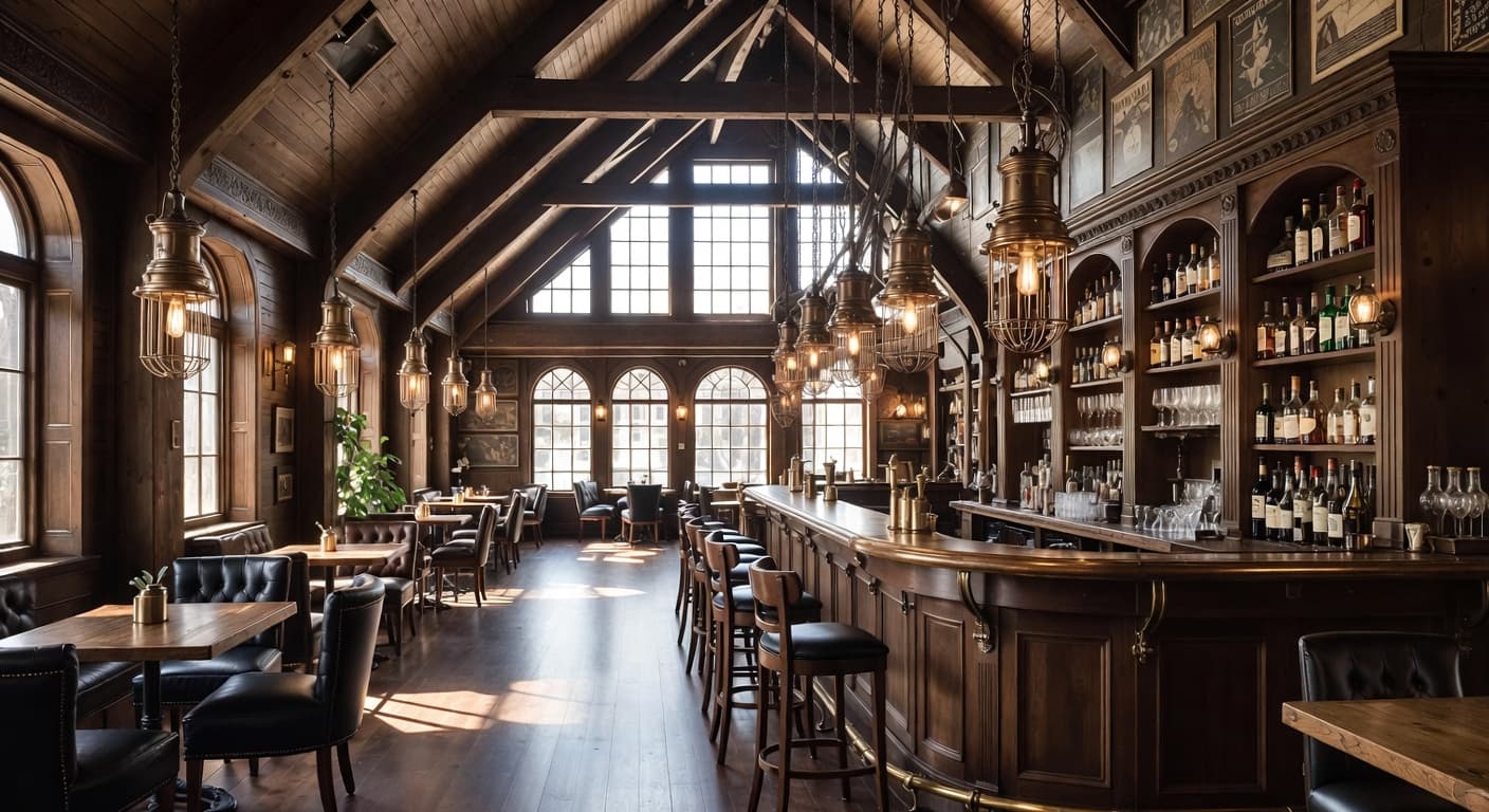 Steampunk bar room interior design - featuring steampunk style furniture, decor, colors, and layout ideas for your bar room