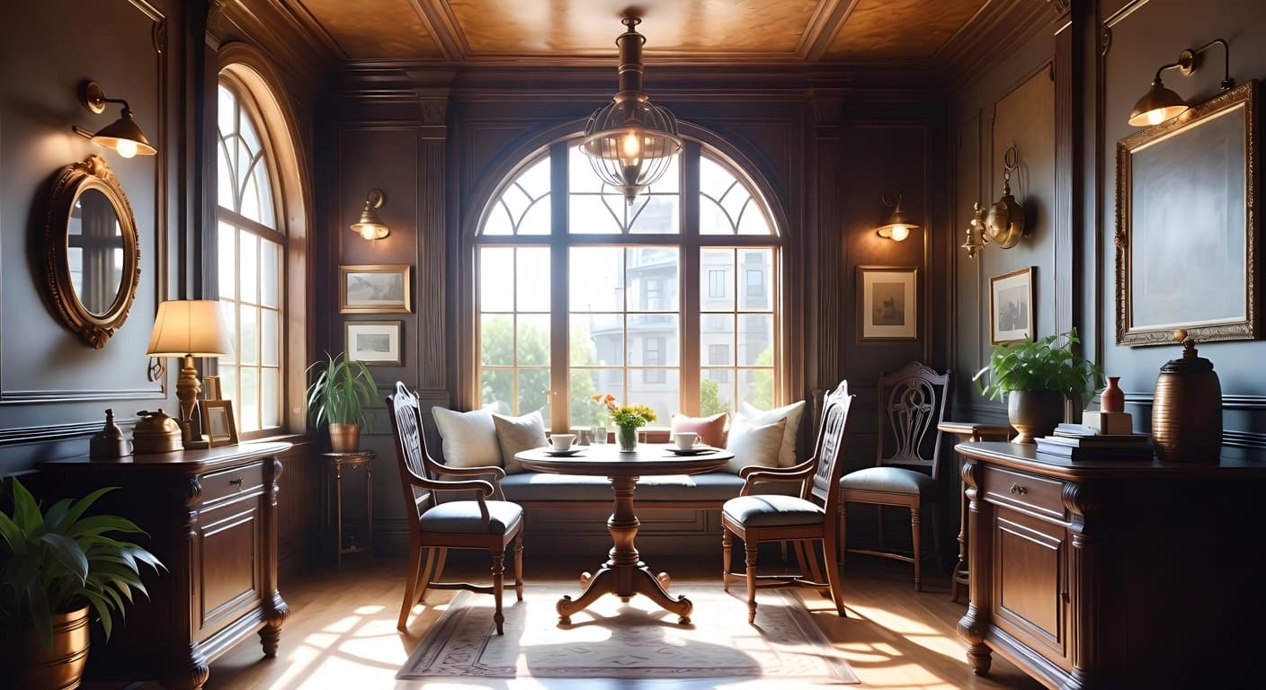 Steampunk breakfast nook interior design - featuring steampunk style furniture, decor, colors, and layout ideas for your breakfast nook