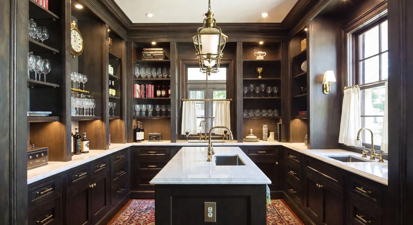 Steampunk butler's pantry interior design - featuring steampunk style furniture, decor, colors, and layout ideas for your butler's pantry