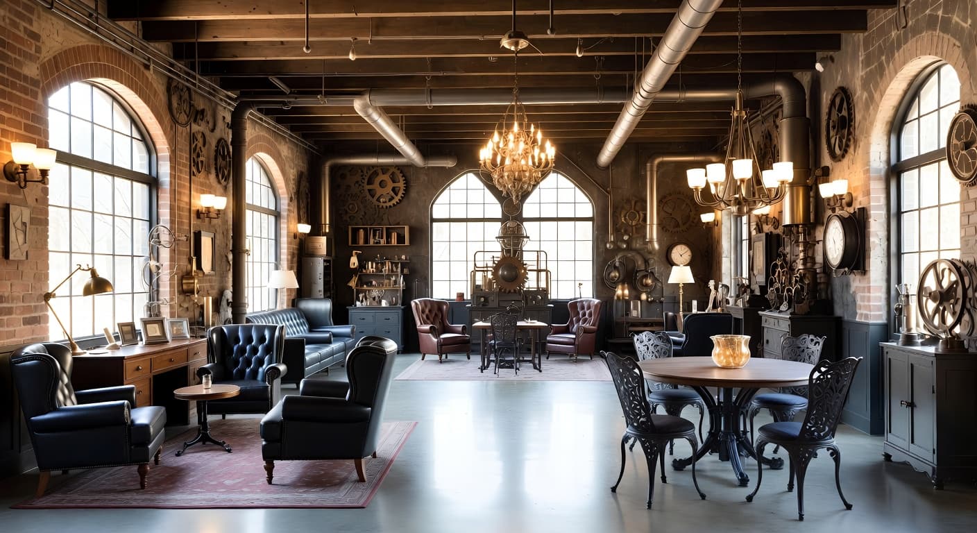 Steampunk garage interior interior design - featuring steampunk style furniture, decor, colors, and layout ideas for your garage interior