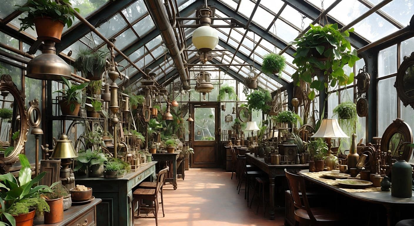 Steampunk greenhouse interior design - featuring steampunk style furniture, decor, colors, and layout ideas for your greenhouse
