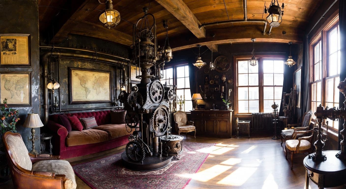 Steampunk meditation space interior design - featuring steampunk style furniture, decor, colors, and layout ideas for your meditation space