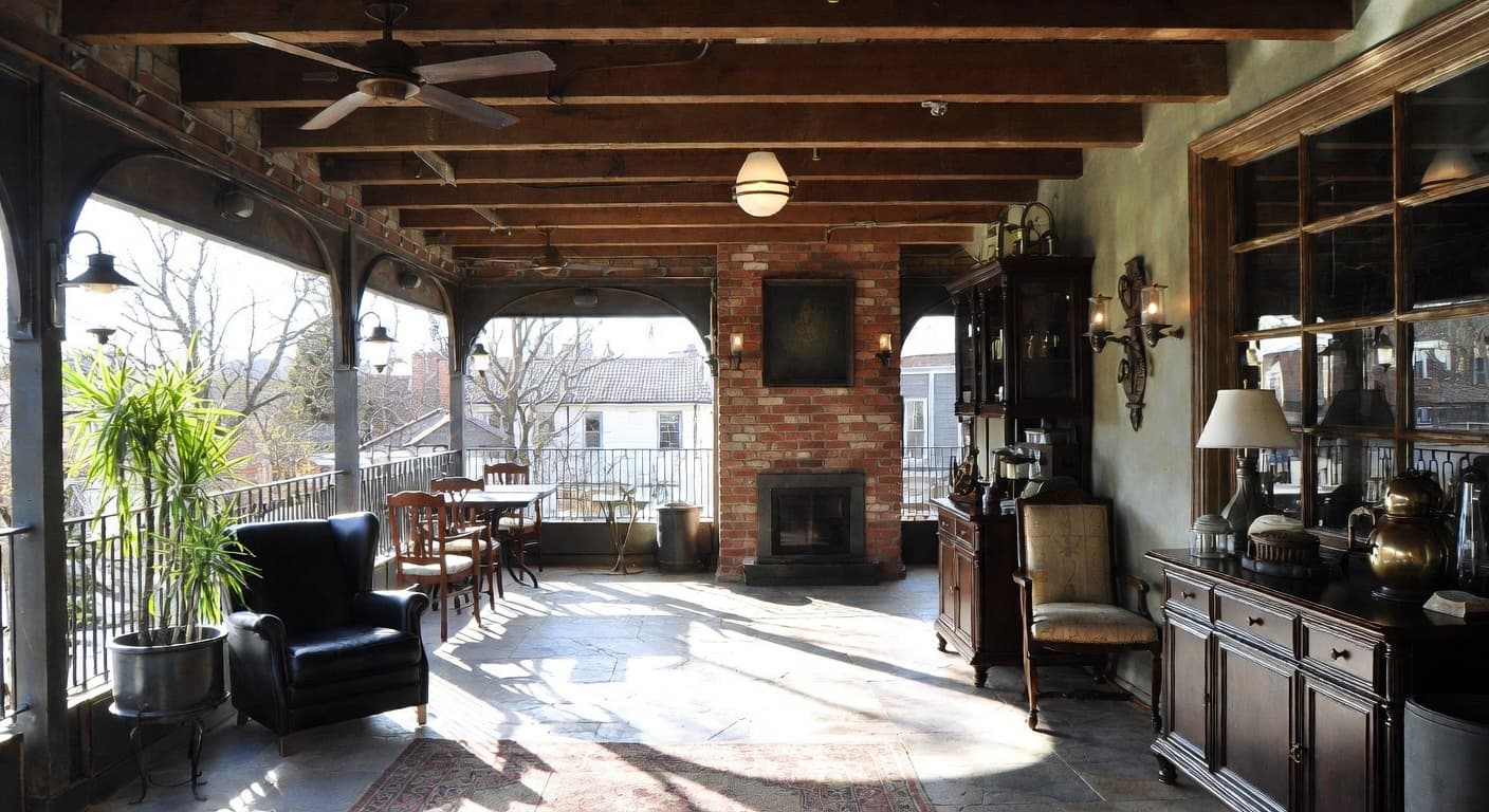 Steampunk outdoor space interior design - featuring steampunk style furniture, decor, colors, and layout ideas for your outdoor space