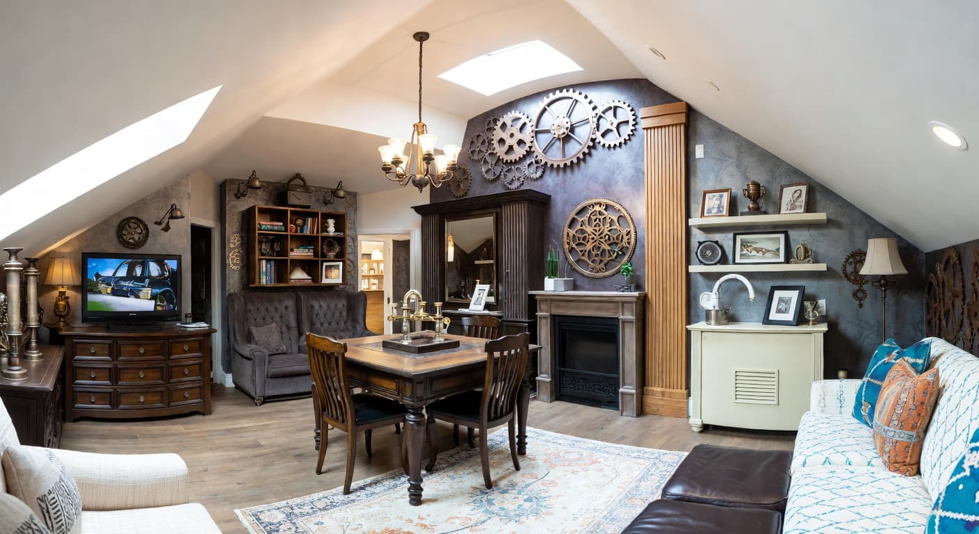 Steampunk playroom interior design - featuring steampunk style furniture, decor, colors, and layout ideas for your playroom