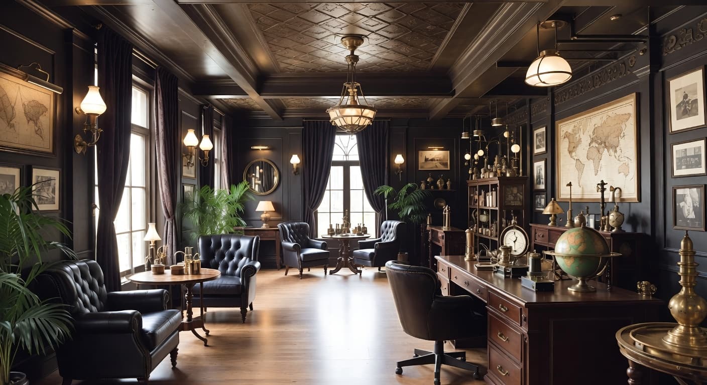 Steampunk smoking room / cigar lounge interior design - featuring steampunk style furniture, decor, colors, and layout ideas for your smoking room / cigar lounge
