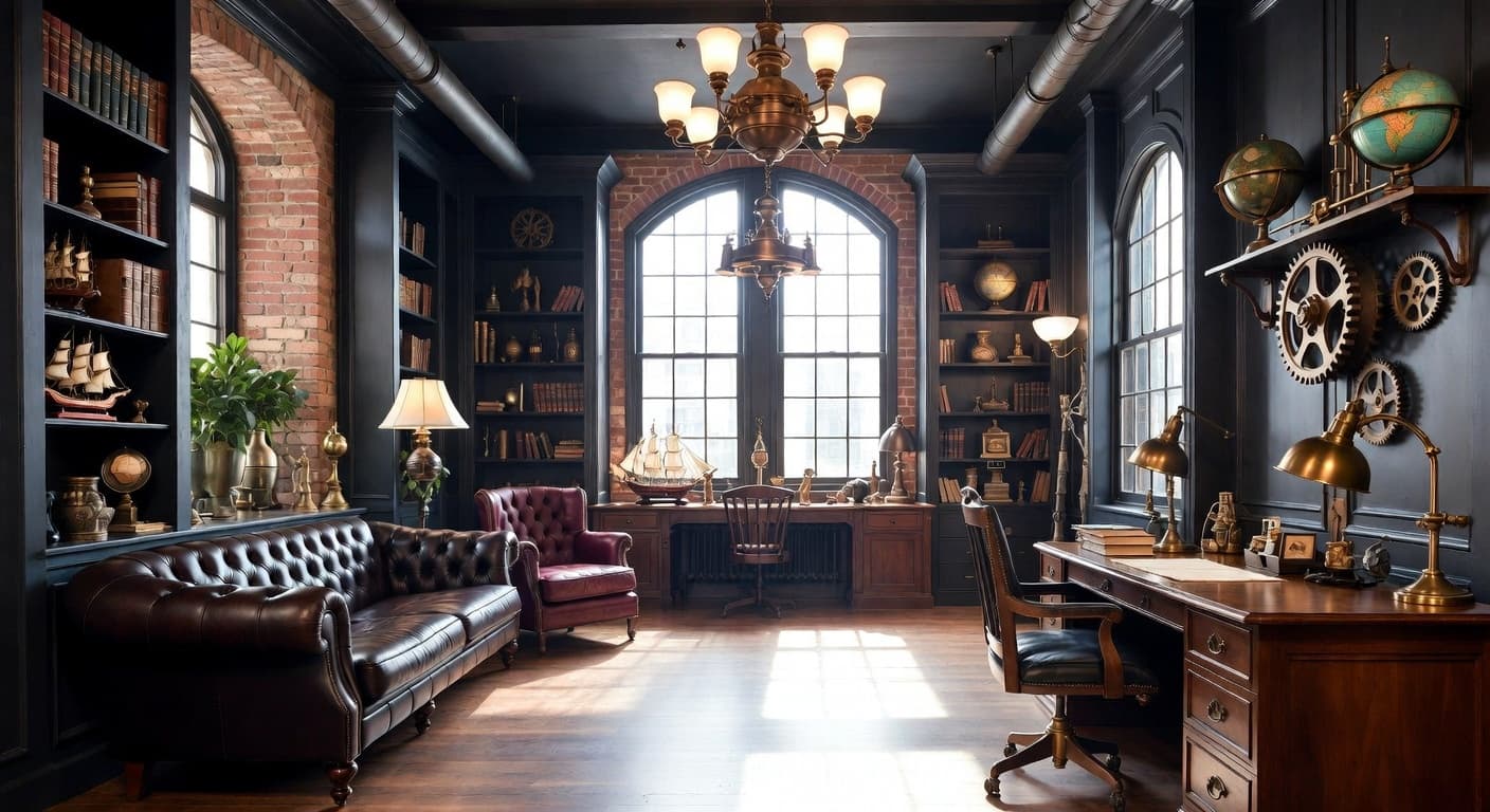 Steampunk teen room / den interior design - featuring steampunk style furniture, decor, colors, and layout ideas for your teen room / den