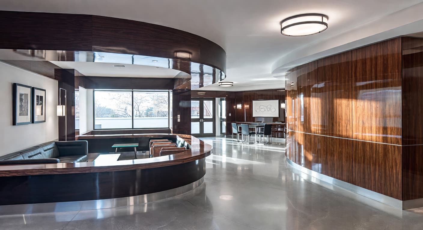 Streamline Moderne basement interior design - featuring streamline moderne style furniture, decor, colors, and layout ideas for your basement