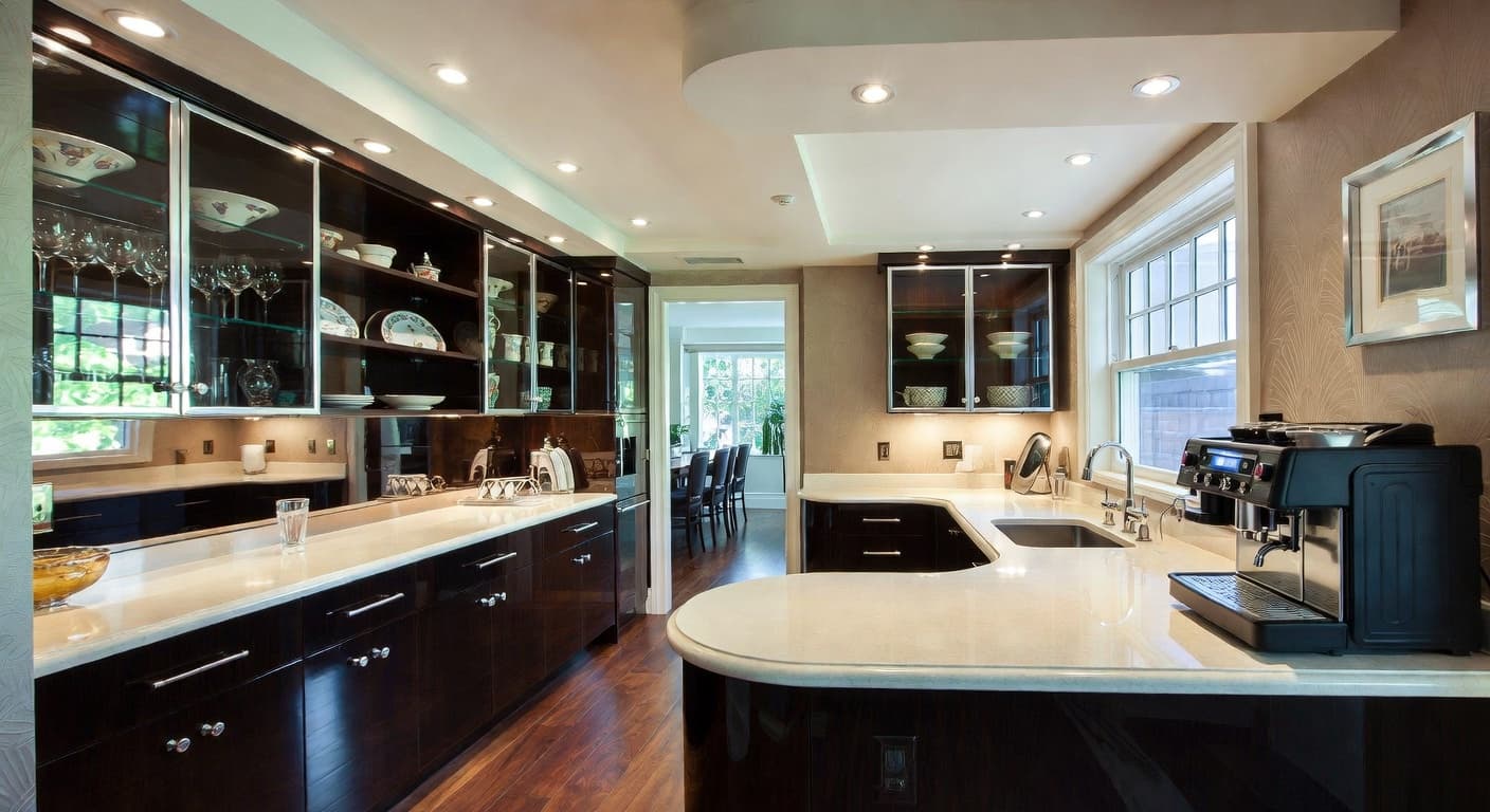 Streamline Moderne butler's pantry interior design - featuring streamline moderne style furniture, decor, colors, and layout ideas for your butler's pantry