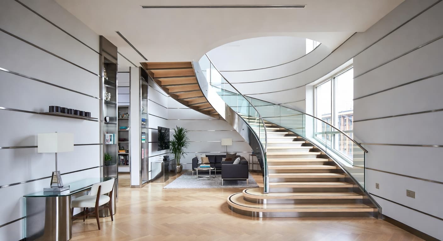 Streamline Moderne entryway interior design - featuring streamline moderne style furniture, decor, colors, and layout ideas for your entryway