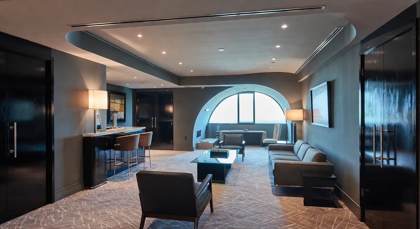 Streamline Moderne multi-purpose room interior design - featuring streamline moderne style furniture, decor, colors, and layout ideas for your multi-purpose room