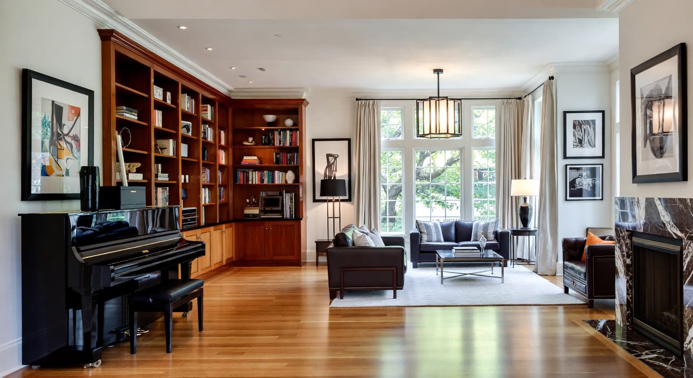 Streamline Moderne music room interior design - featuring streamline moderne style furniture, decor, colors, and layout ideas for your music room