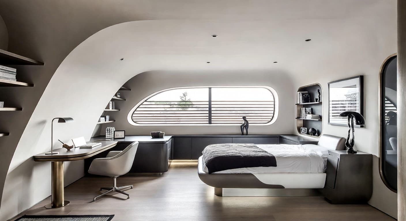 Streamline Moderne teen room / den interior design - featuring streamline moderne style furniture, decor, colors, and layout ideas for your teen room / den