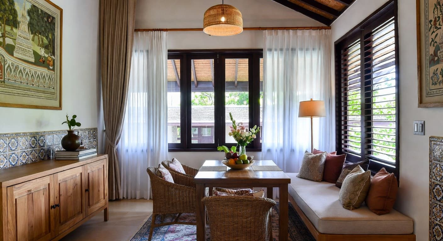 Thai breakfast nook interior design - featuring thai style furniture, decor, colors, and layout ideas for your breakfast nook