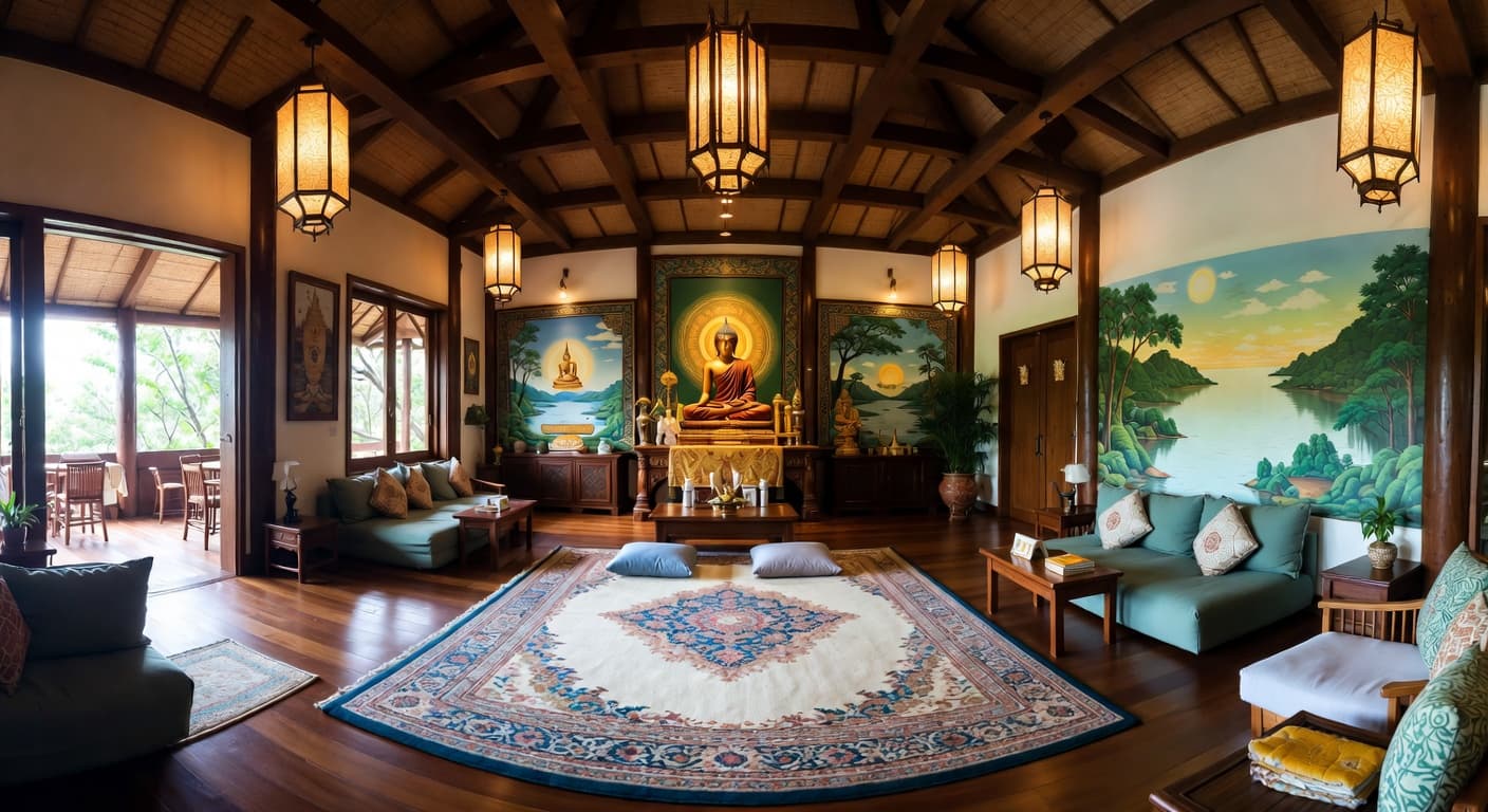 Thai meditation space interior design - featuring thai style furniture, decor, colors, and layout ideas for your meditation space