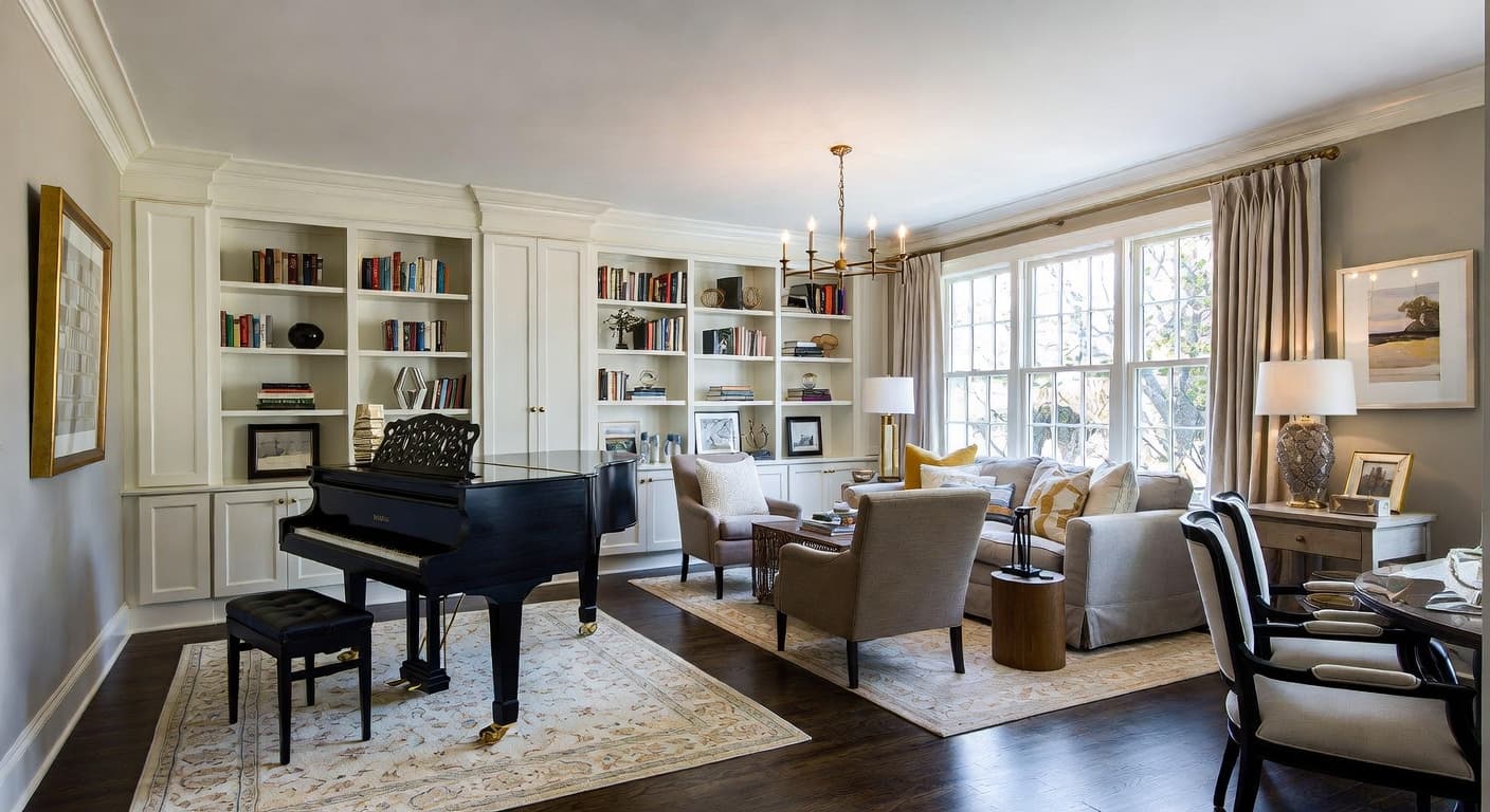 Transitional music room interior design - featuring transitional style furniture, decor, colors, and layout ideas for your music room