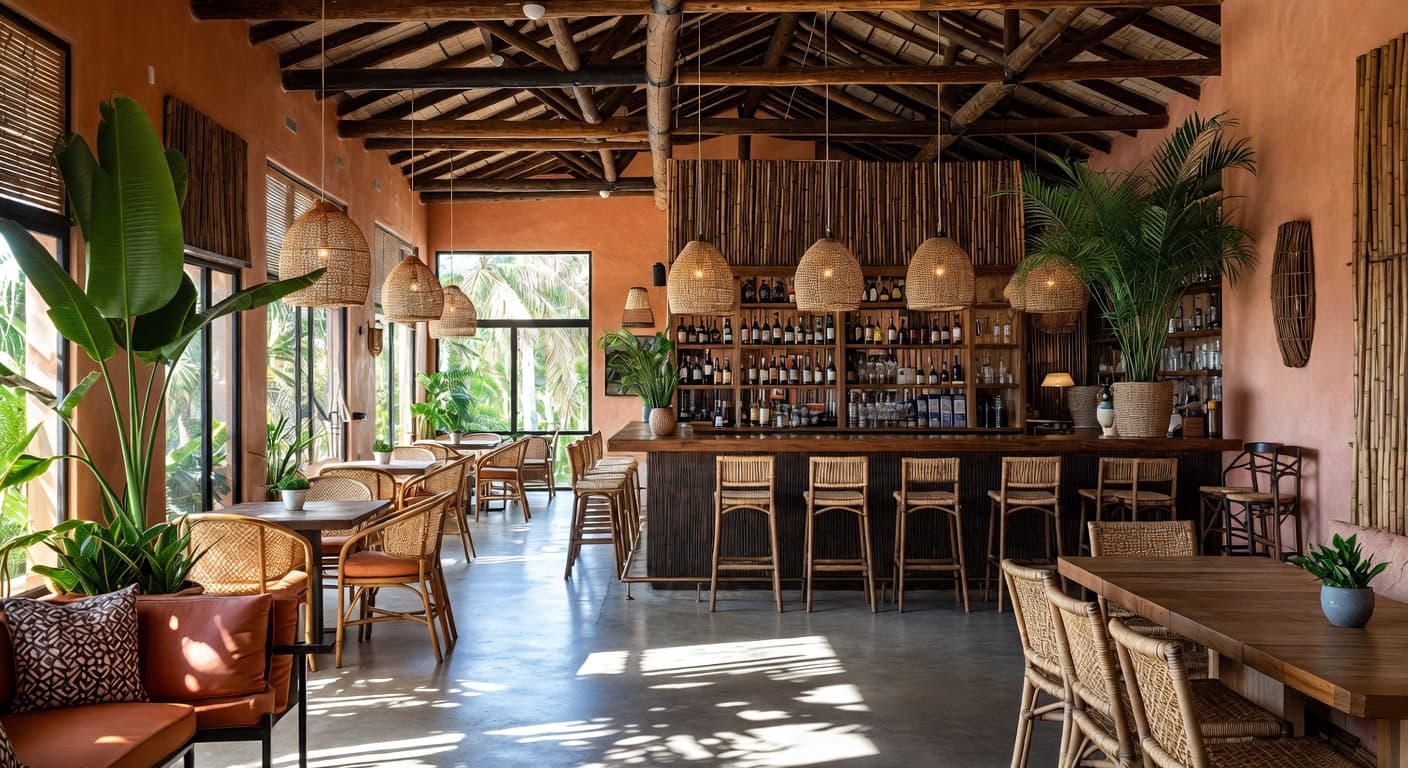 Tropical bar room interior design - featuring tropical style furniture, decor, colors, and layout ideas for your bar room