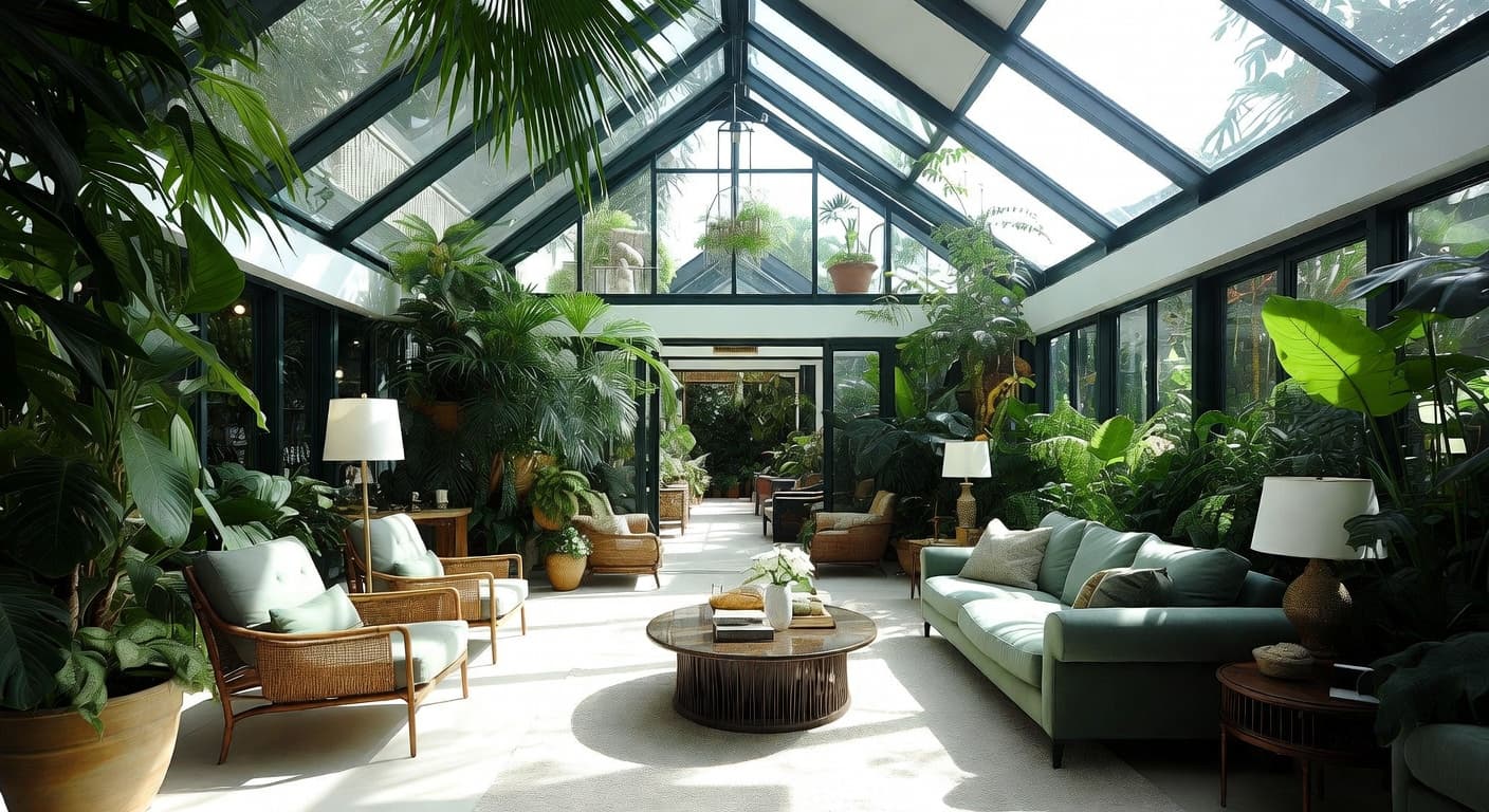 Tropical greenhouse interior design - featuring tropical style furniture, decor, colors, and layout ideas for your greenhouse