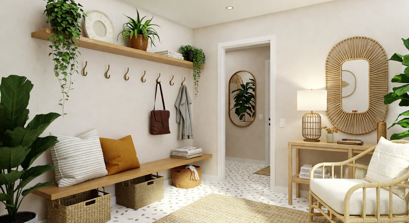 Tropical mudroom interior design - featuring tropical style furniture, decor, colors, and layout ideas for your mudroom
