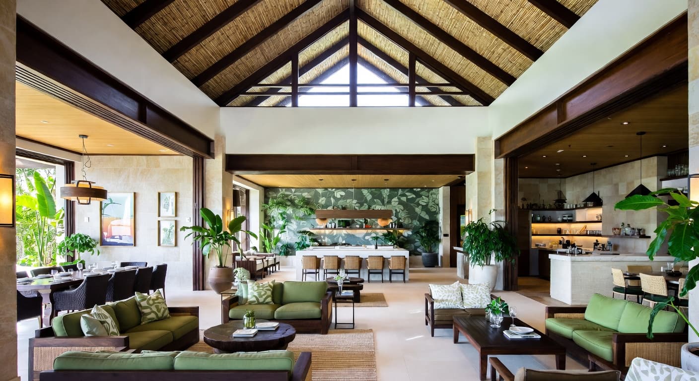 Tropical multi-purpose room interior design - featuring tropical style furniture, decor, colors, and layout ideas for your multi-purpose room