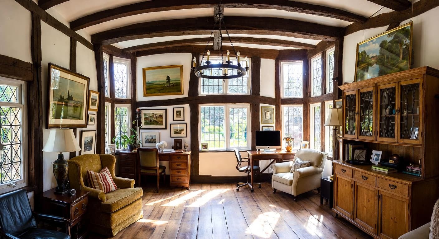 Tudor craft room / studio interior design - featuring tudor style furniture, decor, colors, and layout ideas for your craft room / studio