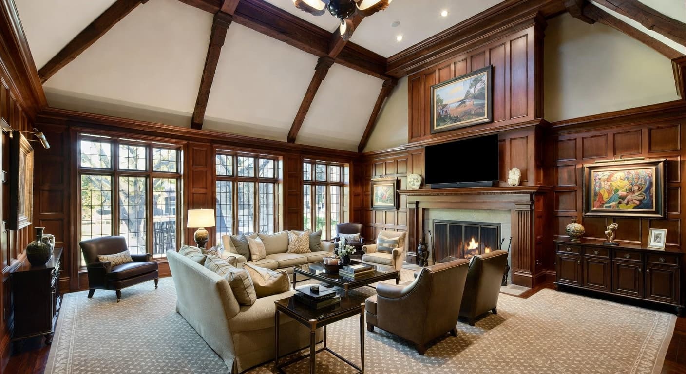 Tudor multi-purpose room interior design - featuring tudor style furniture, decor, colors, and layout ideas for your multi-purpose room