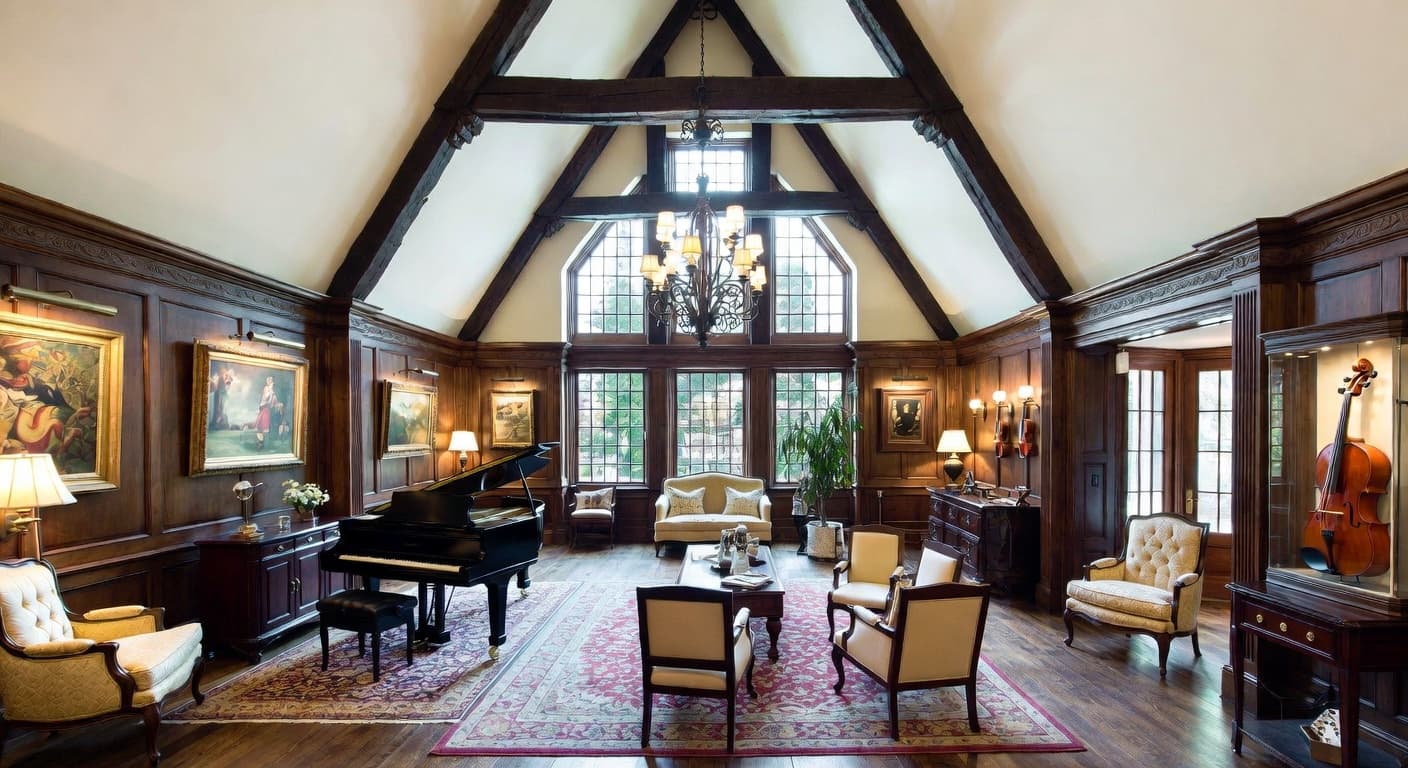 Tudor music room interior design - featuring tudor style furniture, decor, colors, and layout ideas for your music room
