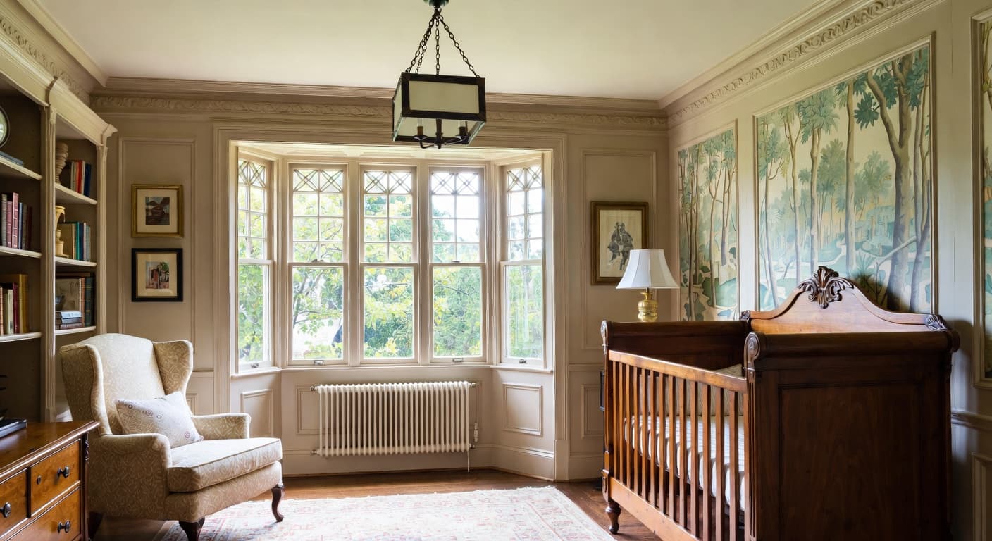 Tudor nursery interior design - featuring tudor style furniture, decor, colors, and layout ideas for your nursery