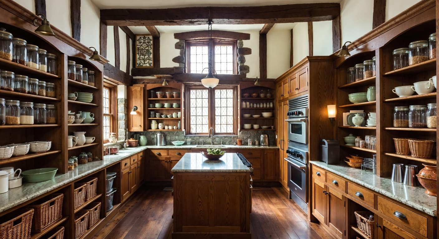 Tudor pantry interior design - featuring tudor style furniture, decor, colors, and layout ideas for your pantry