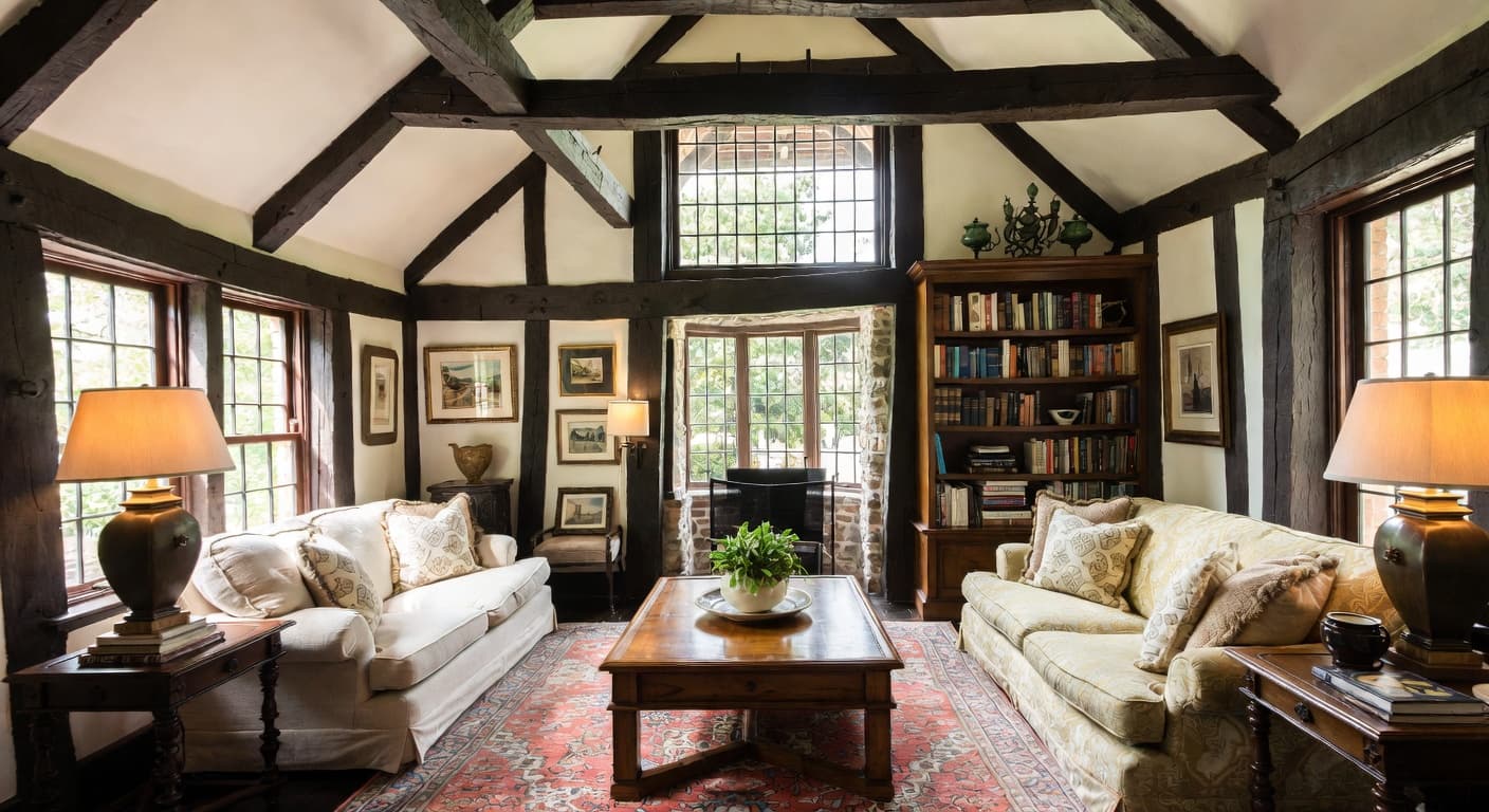 Tudor playroom interior design - featuring tudor style furniture, decor, colors, and layout ideas for your playroom