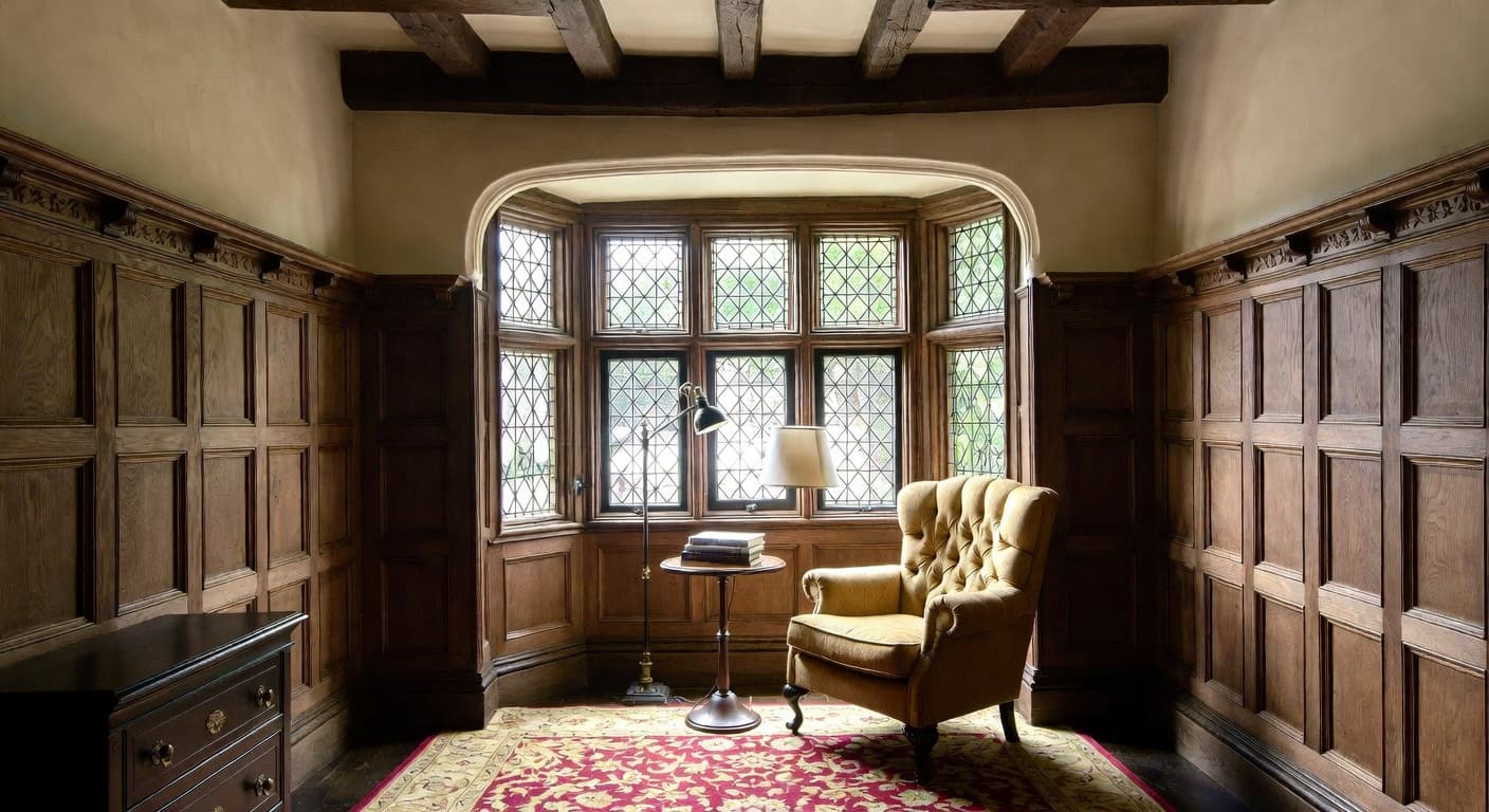 Tudor reading nook interior design - featuring tudor style furniture, decor, colors, and layout ideas for your reading nook