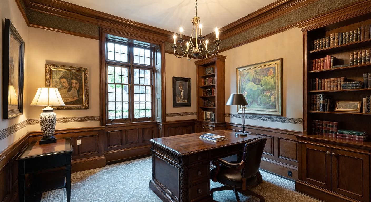 Tudor teen room / den interior design - featuring tudor style furniture, decor, colors, and layout ideas for your teen room / den