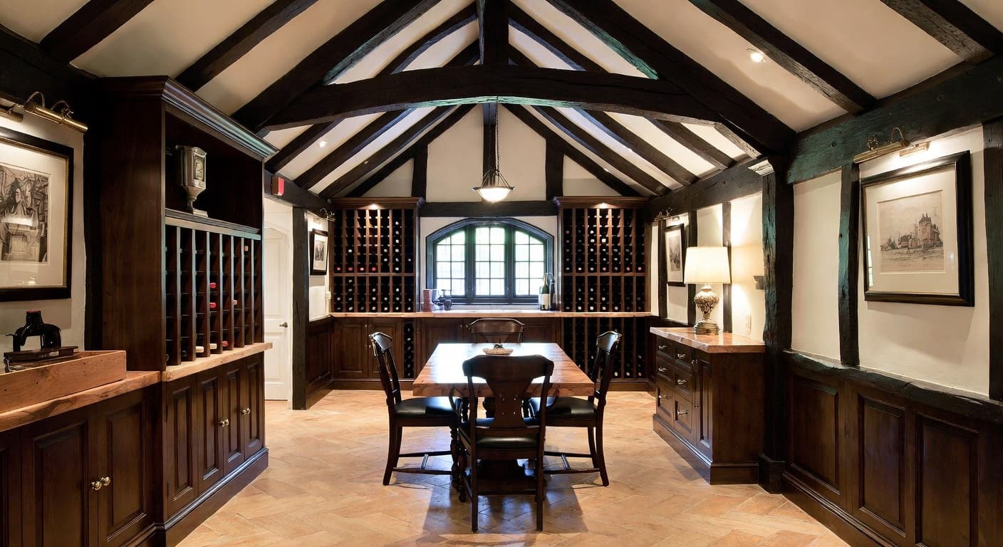 Tudor wine cellar interior design - featuring tudor style furniture, decor, colors, and layout ideas for your wine cellar