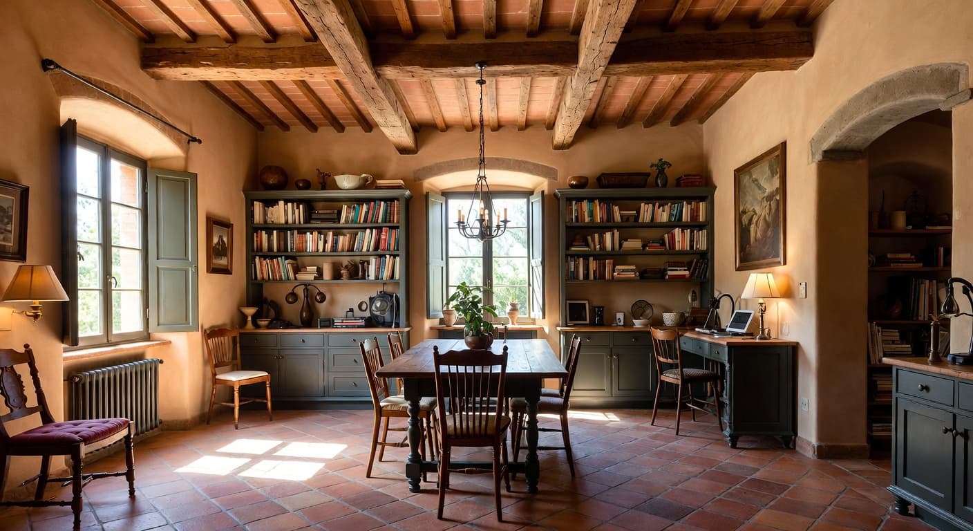 Tuscan craft room / studio interior design - featuring tuscan style furniture, decor, colors, and layout ideas for your craft room / studio