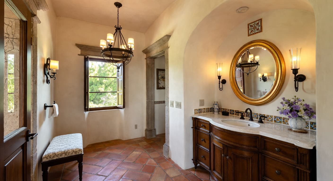 Tuscan powder room interior design - featuring tuscan style furniture, decor, colors, and layout ideas for your powder room